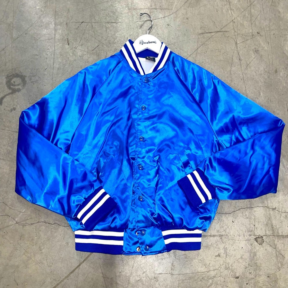 vtg BOMBER JACKET Satin ARISTO JAC Blue SATIN 80s RETRO MADE in USA Large M